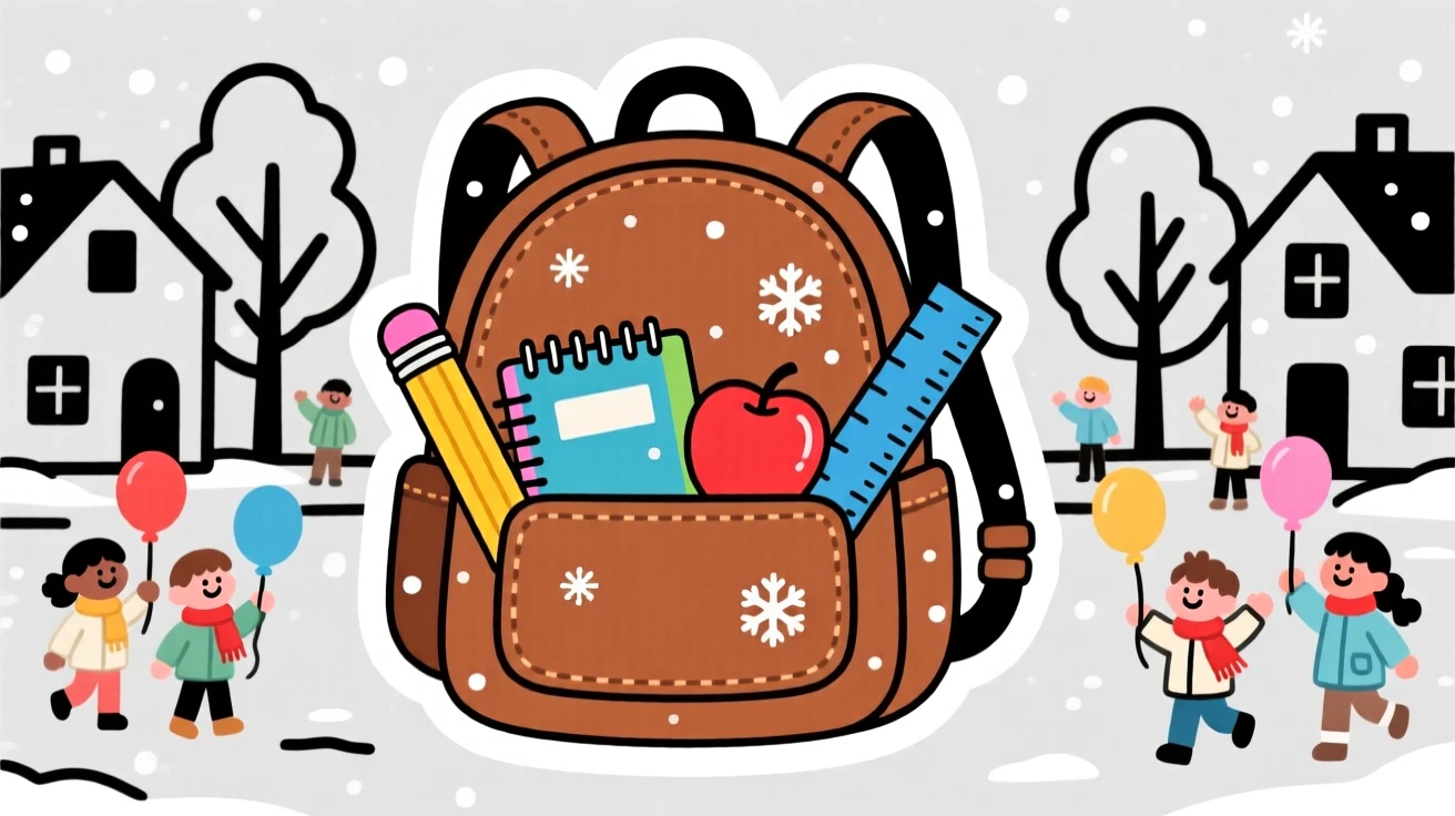 A warmly nostalgic back-to-school backpack with new supplies, with a light dusting of glittering snow, as the whole neighborhood celebrates together.