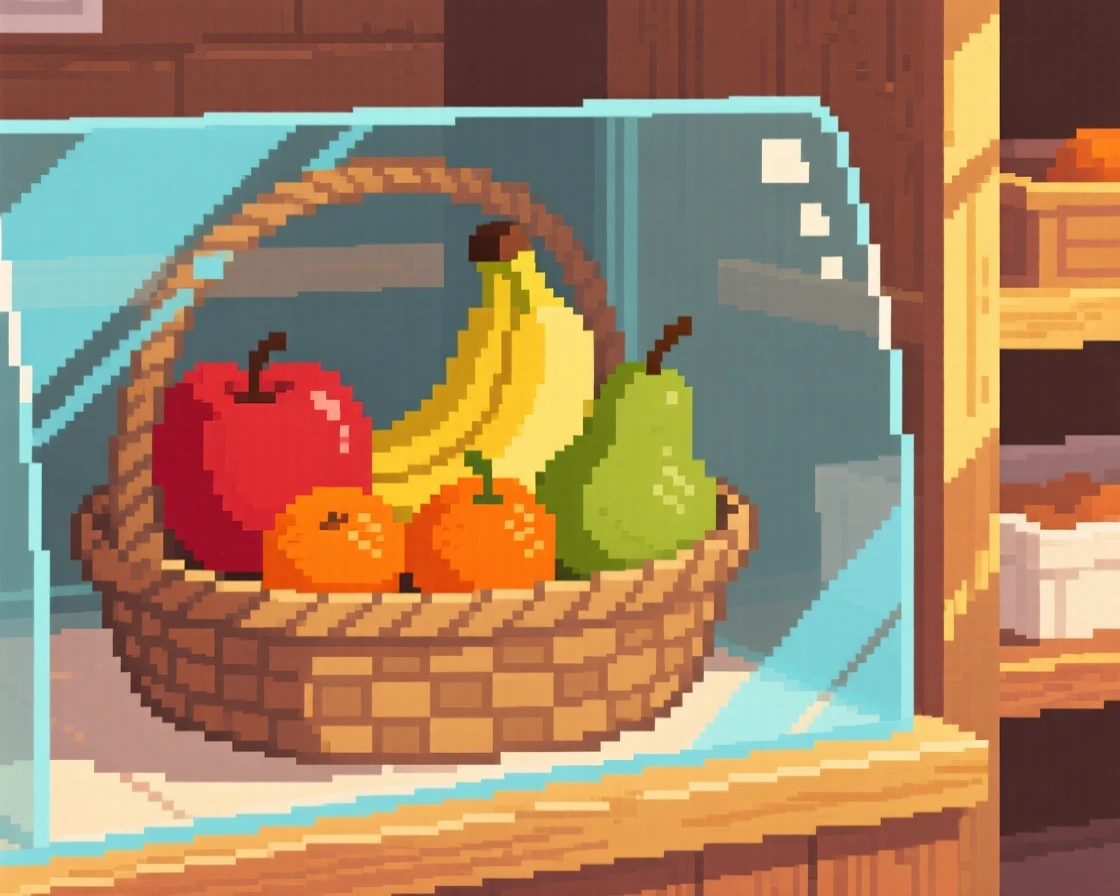 A basket of ripe fruit photographed with warm afternoon light streaming in, in a cozy bakery display case.