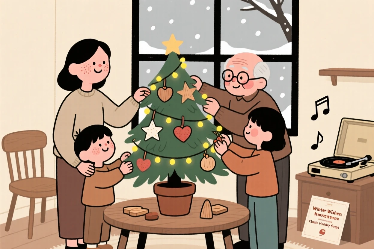 A family decorates a small potted fir with handmade ornaments and twinkling lights while an old holiday record plays softly and the first snow of winter falls outside the window.