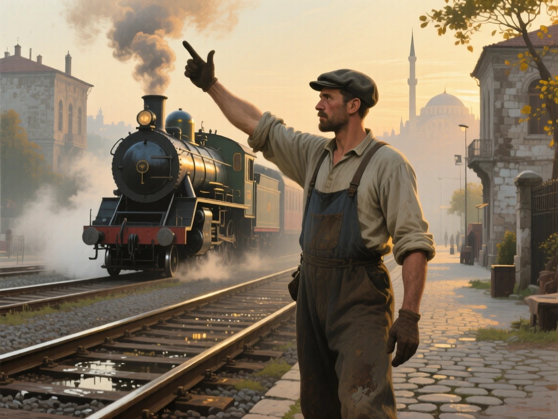 A well-framed scene of a rail worker signaling an approaching steam locomotive, in early morning light, in old Istanbul.