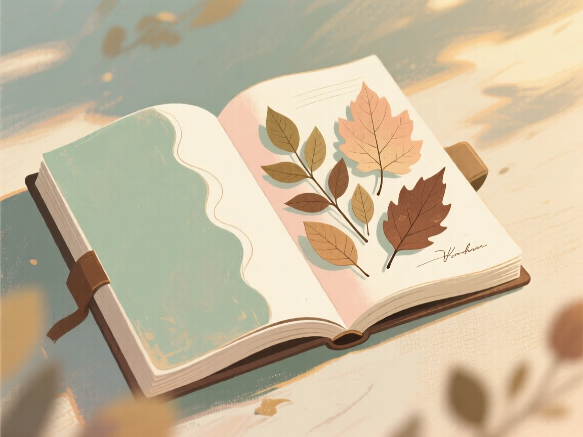 An explorer's journal open beside a collection of pressed leaves
