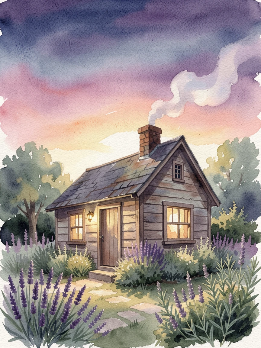A witch's cozy cottage surrounded by herb gardens under a sky full of swirling colors.