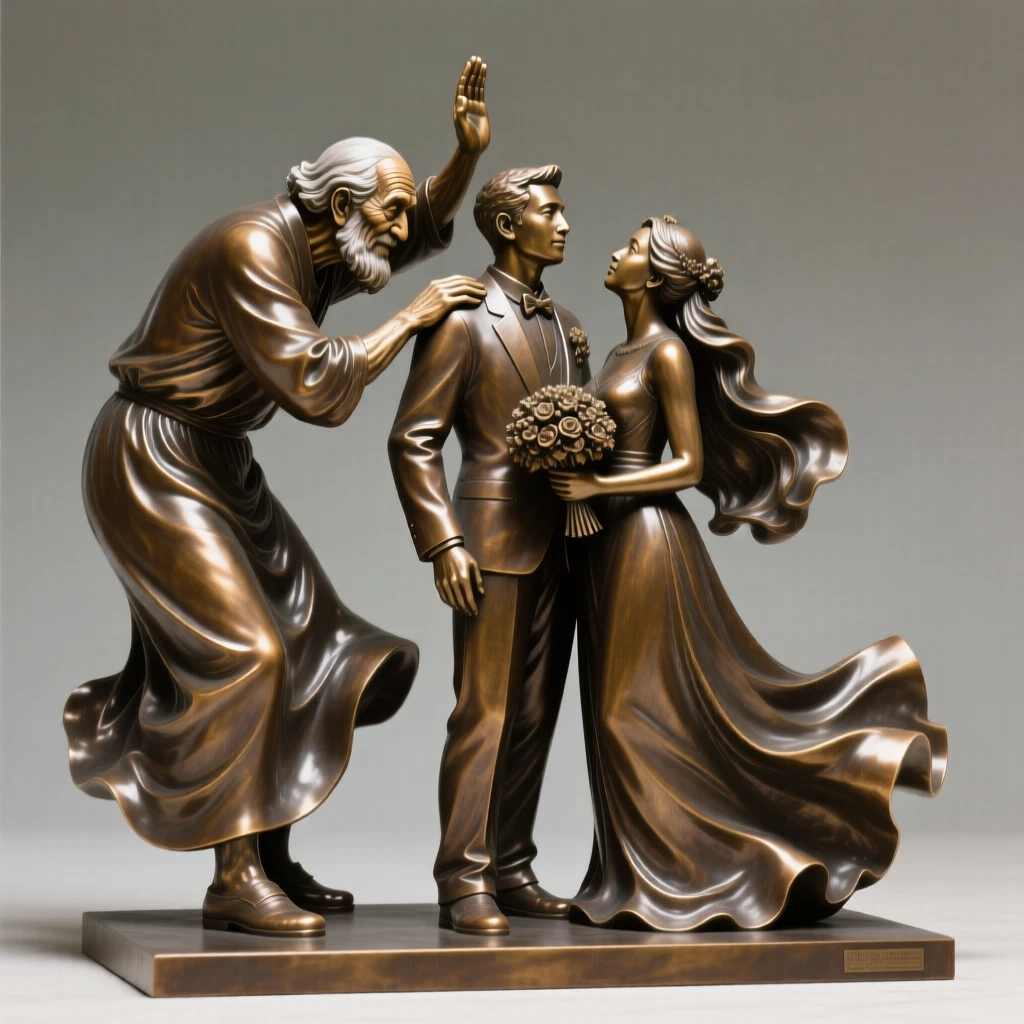 An elder blessing a newlywed couple, captured in dramatic, dynamic motion, forming a strong central focal point