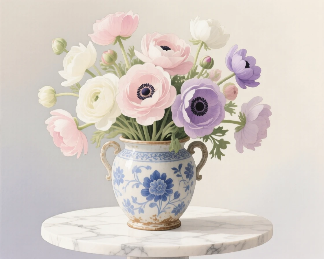 A bouquet of anemones in soft, layered tones fills an antique porcelain urn on a marble side table, petals catching the gentle light