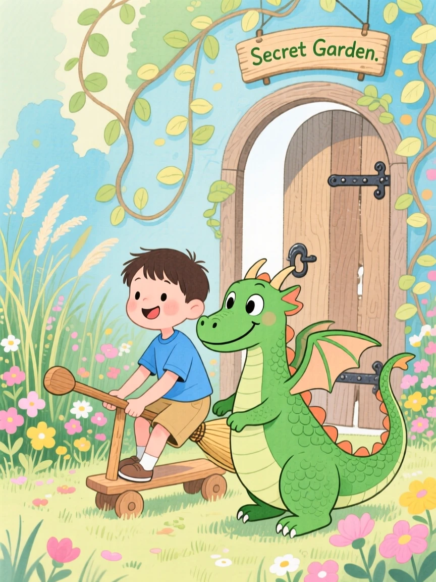 A boy riding a toy broomstick meeting a friendly green dragon in a secret garden behind an old door.