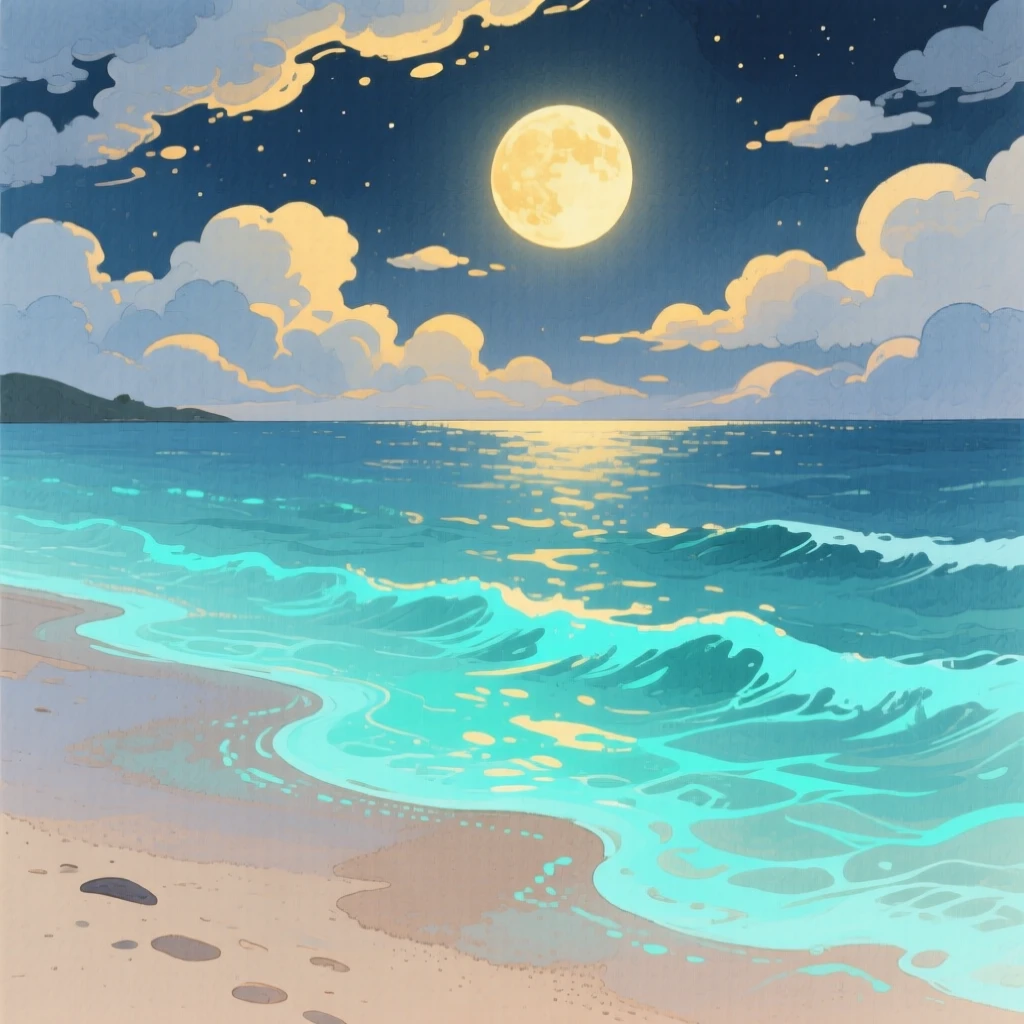 A moonlit beach with gentle bioluminescent waves, with golden light breaking through scattered clouds, filled with quiet majesty and stillness.
