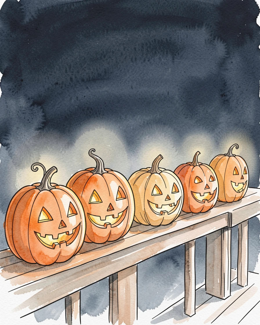 A row of jack-o-lanterns glowing along a porch railing on Halloween night, a nostalgic, comforting atmosphere settling over the scene.