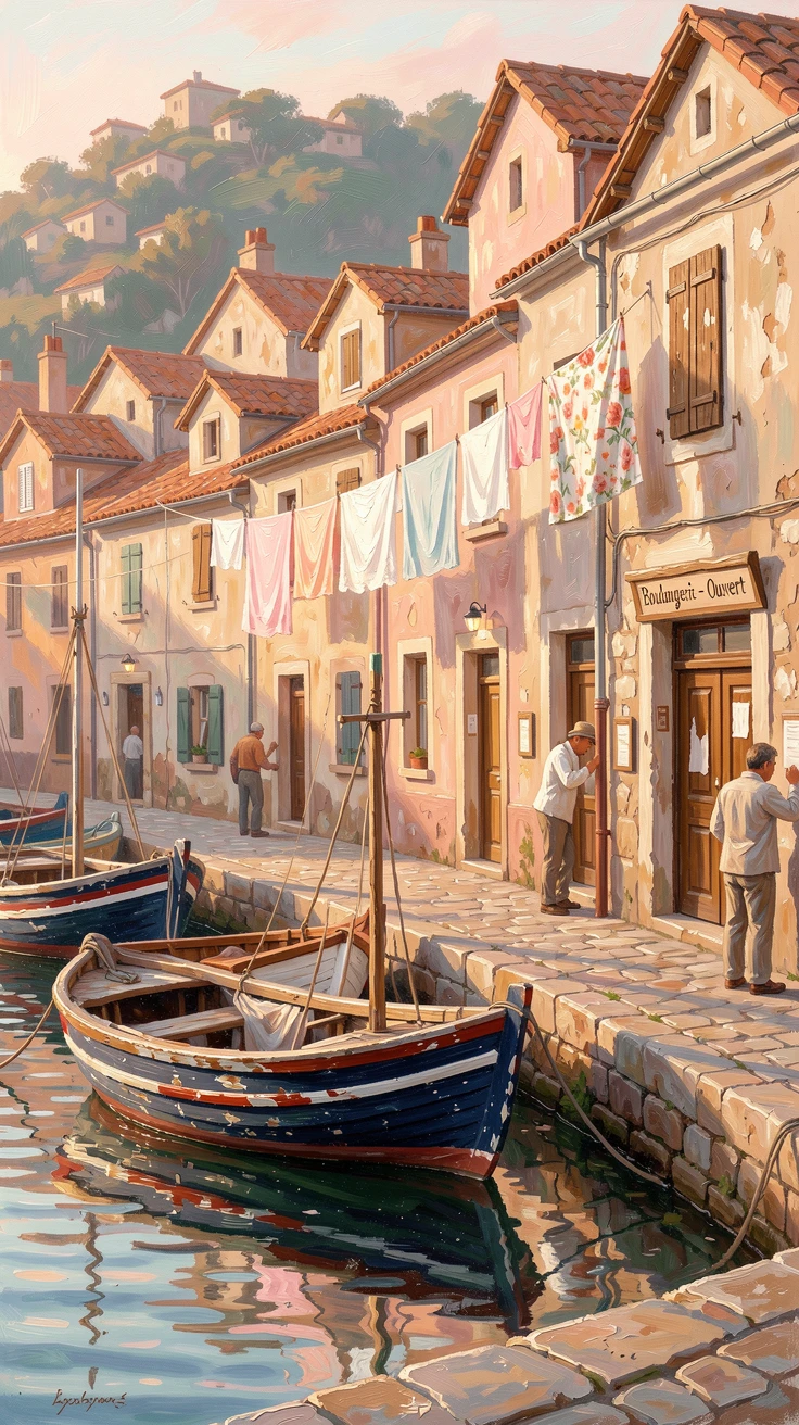 Beside a small harbor filled with fishing boats, a hillside village of terracotta-roofed homes, laundry strung between buildings overhead, in early morning, shopkeepers just opening their doors.