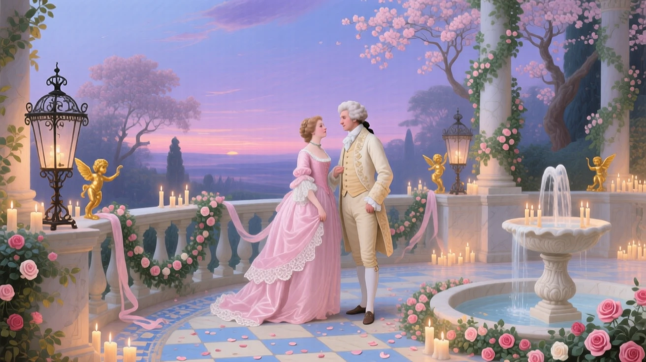 A garden terrace lit by candles beneath a violet evening sky  