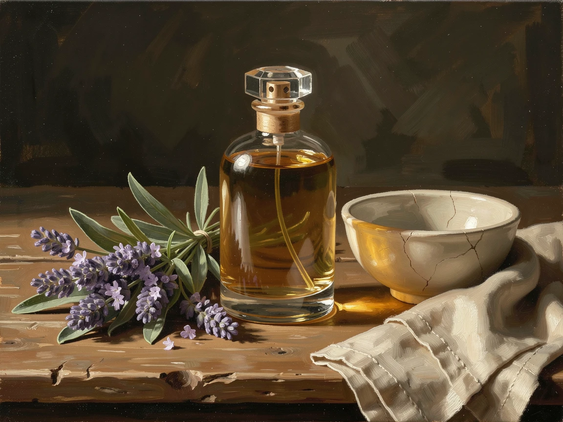 A bottle of perfume catching golden light beside fresh lavender stems, surrounded by tasteful, understated decorative details, evoking elegance, refinement, and quiet luxury