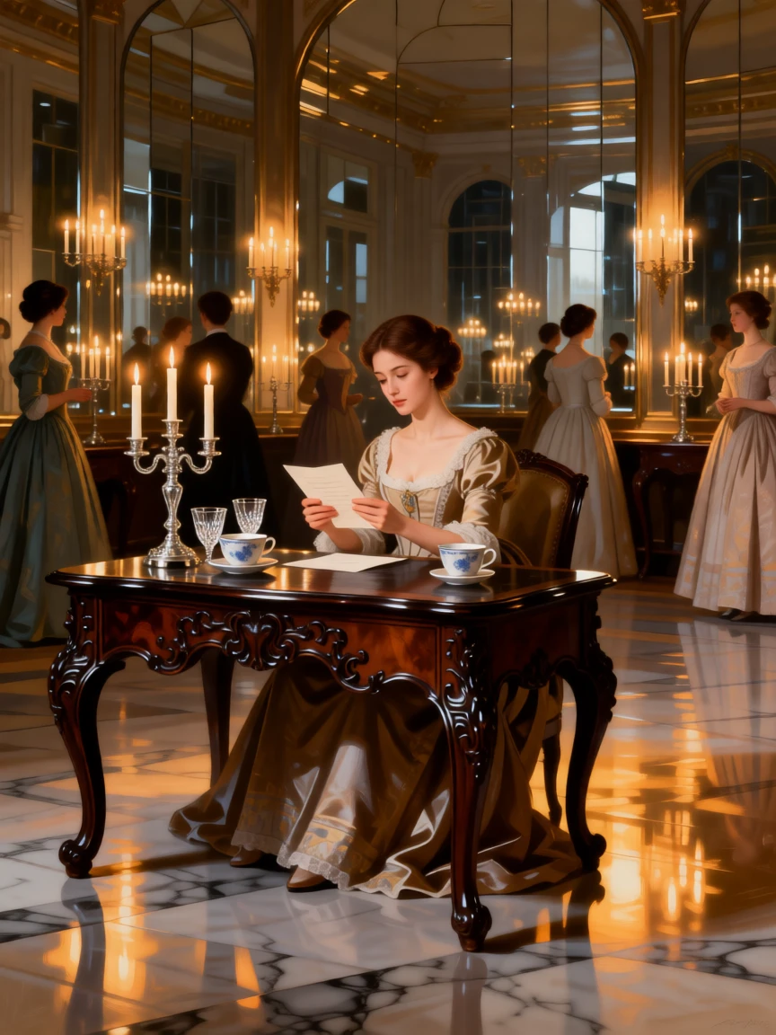 A princess reading correspondence at an ornate writing desk as candlelight flickers across polished floors, set within a mirrored ballroom lit by hundreds of candles, with fine china, crystal goblets, and candelabras adorning the table; the composition arranges figures in a graceful arc around the focal couple, suggesting both splendor and the fleeting nature of such moments.