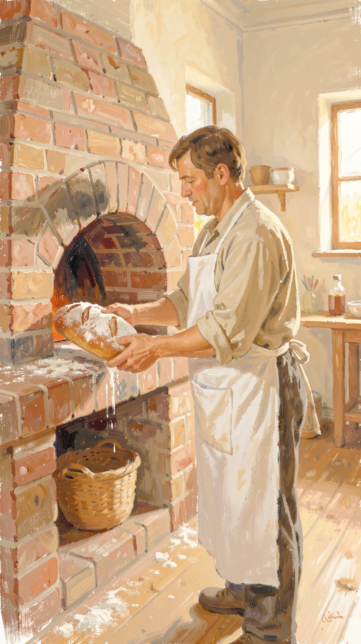 A baker dusted in flour, pulling a fresh loaf from a brick oven in the early morning light, capturing a moment of quiet intimacy.