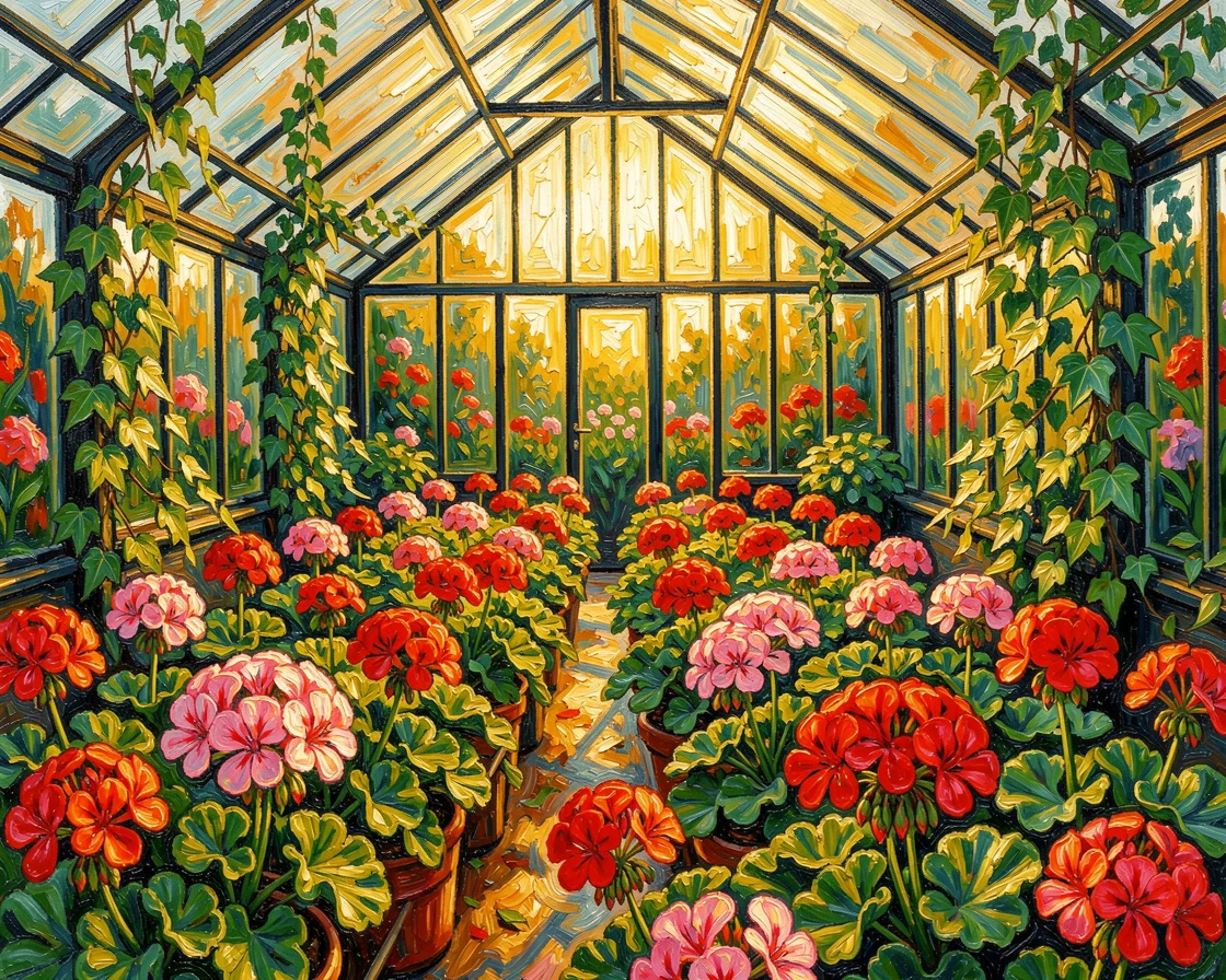 A sunlit greenhouse filled with rows of blooming geraniums and trailing ivy.