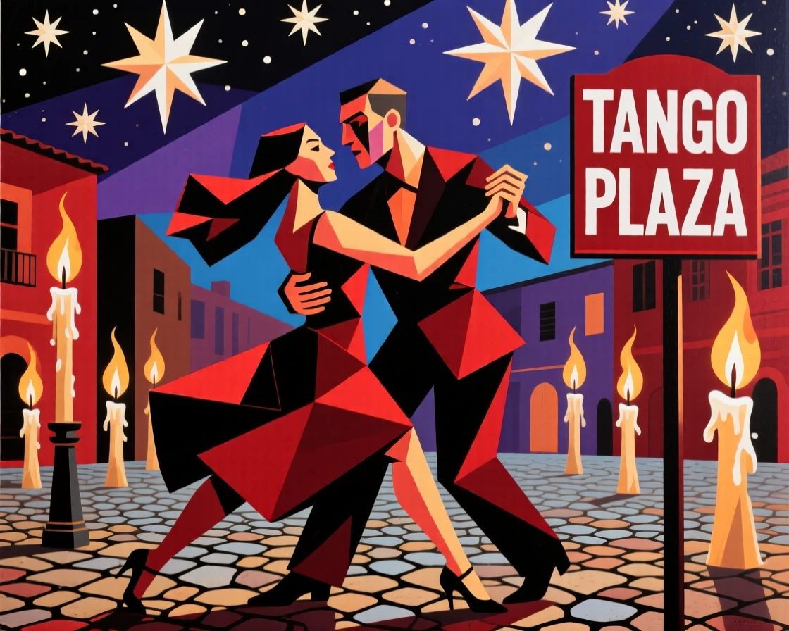 An energetic scene of a tango couple dancing in a candlelit plaza, captured beneath a starlit sky.