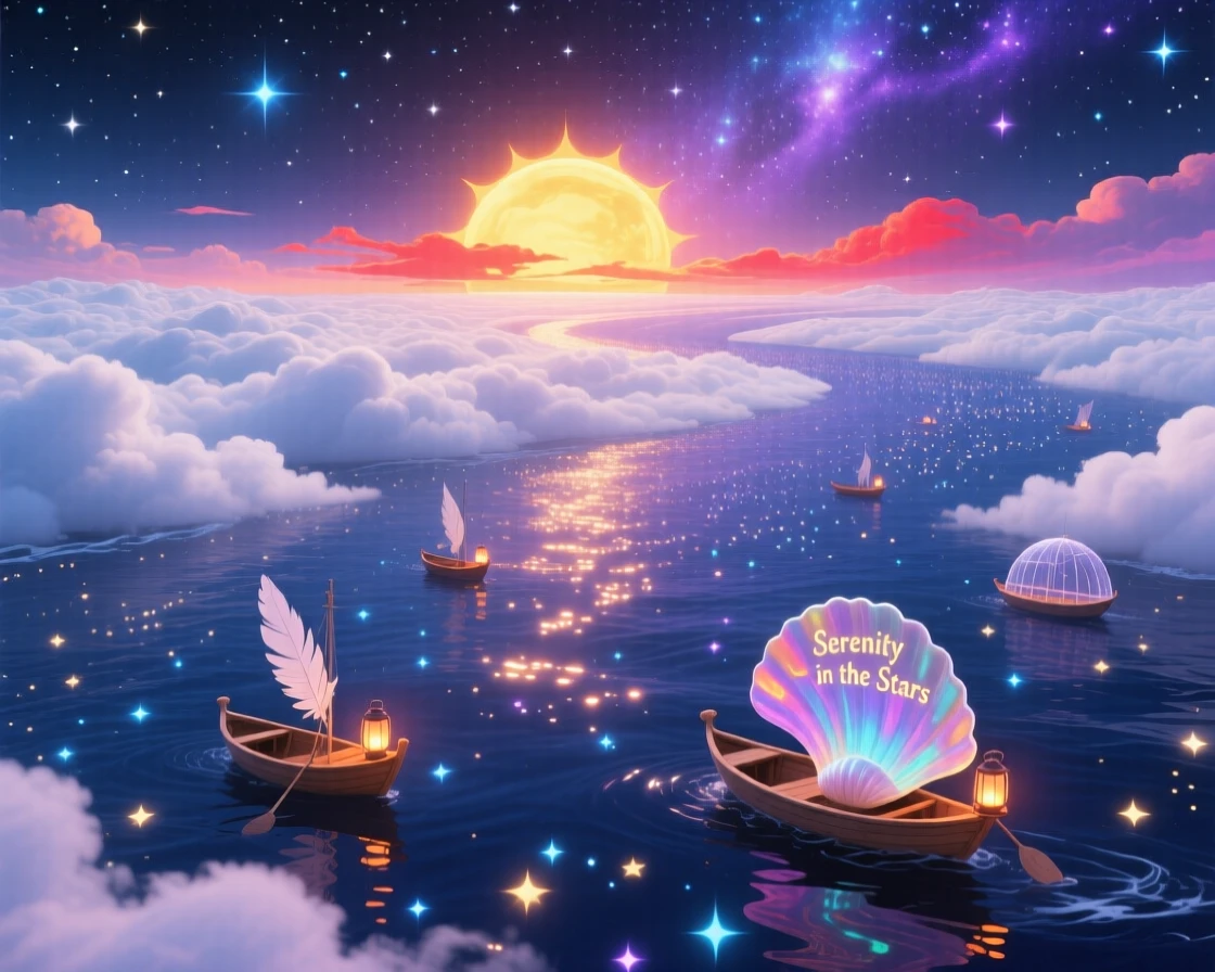 A sun setting into an ocean made entirely of soft clouds drifts slowly through an endless field of stars, while tiny boats drift silently across a sea of stars below.