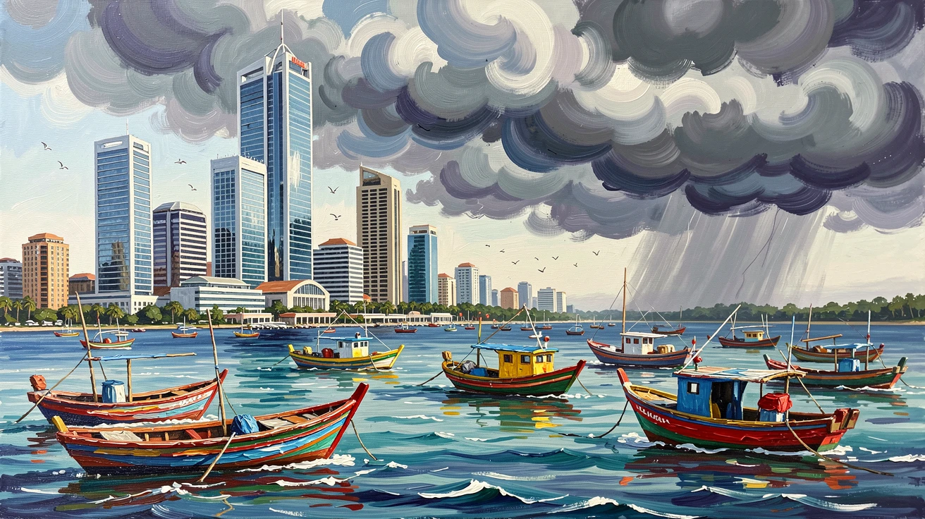A vibrant view of Lagos shows the modern skyline rising above the lagoon, colorful fishing boats crossing the water in the foreground, distant weather visible on the horizon hinting at conditions that will arrive within the hour.