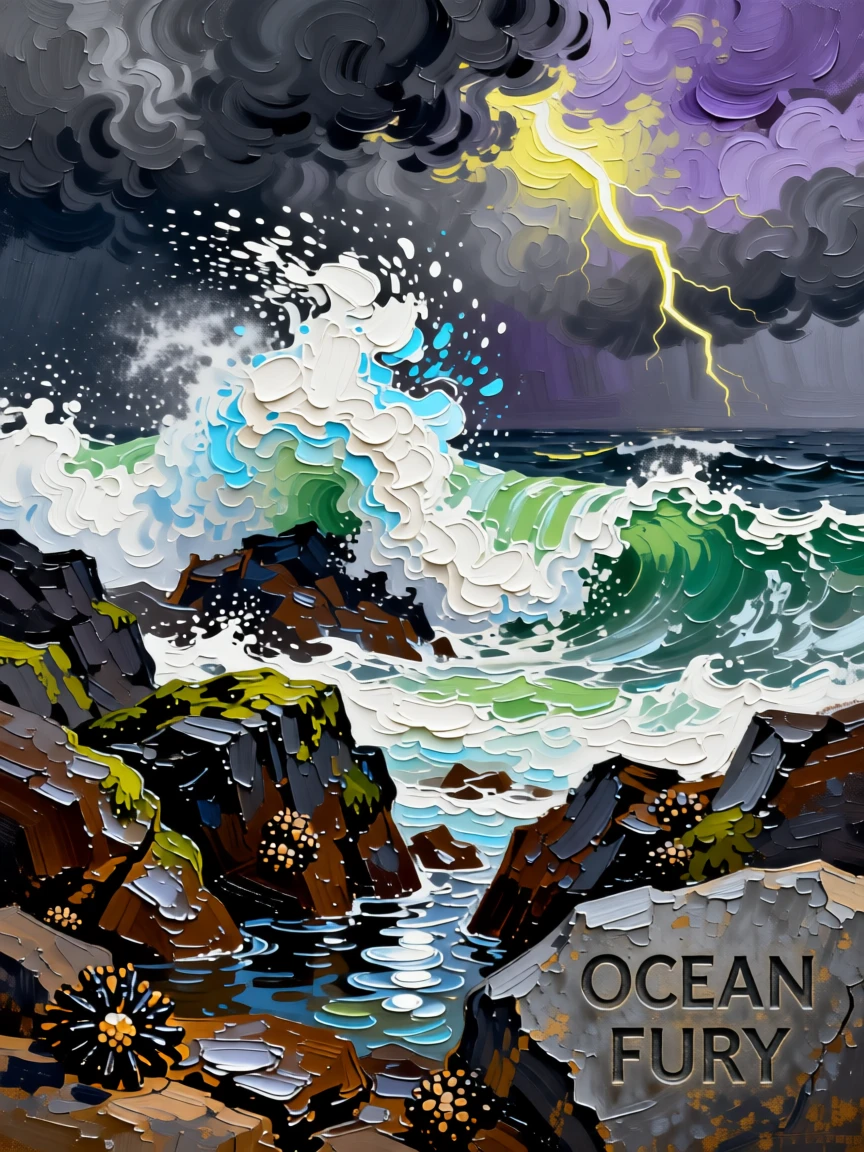 Waves crashing violently against a rocky shore during a fierce ocean storm