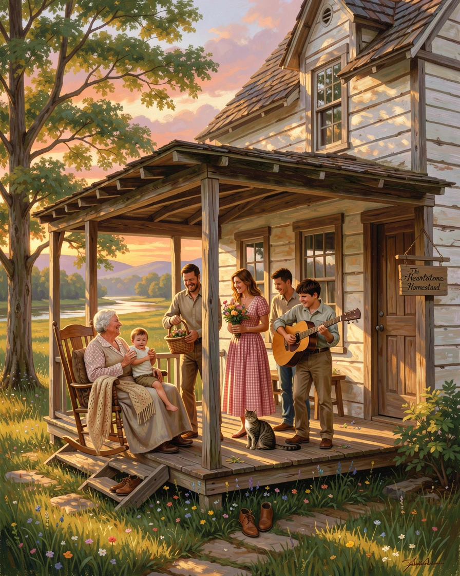 A family gathers around a sunlit farmhouse porch as laughter fills the air.