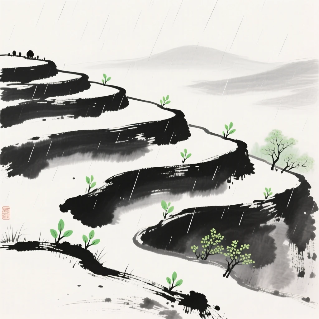 New green shoots emerge across a terraced hillside after the first spring rain, as the last patches of winter frost melt away.