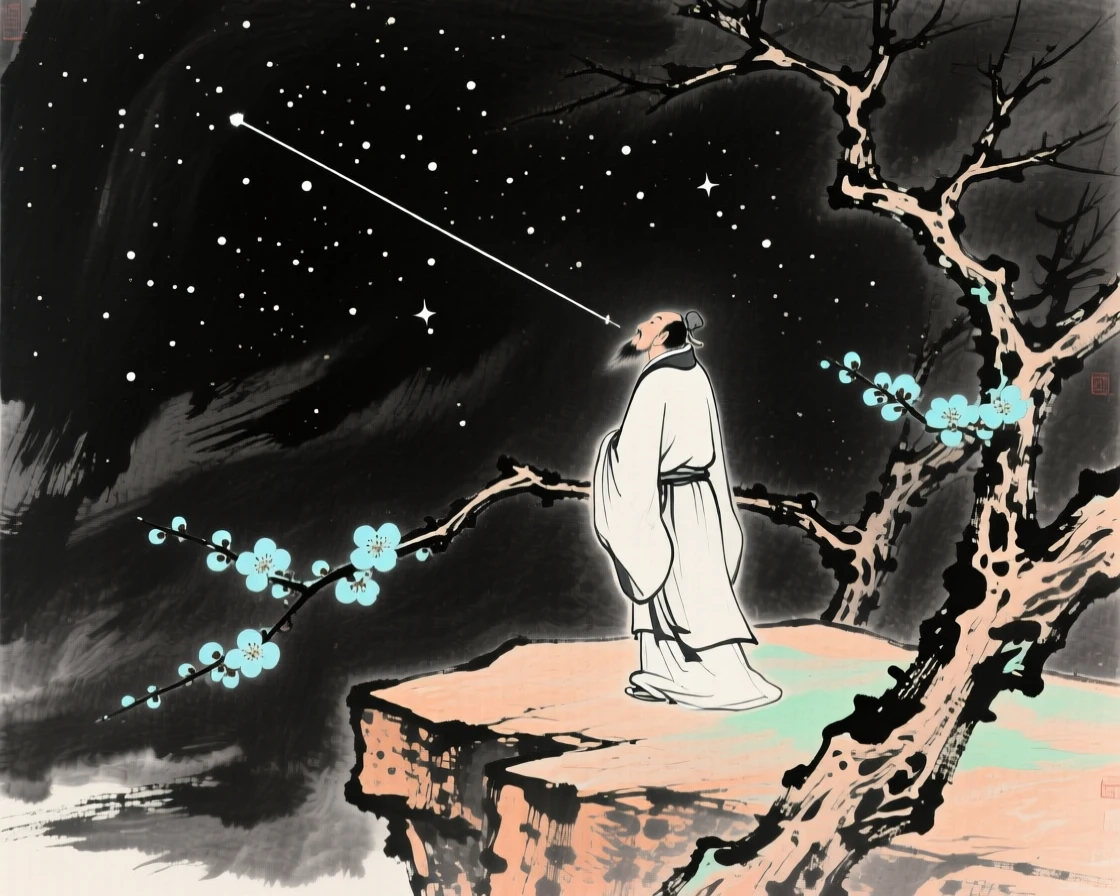 An ancient astronomer observing the stars from a stone platform at night, as the last plum blossoms cling to bare branches.