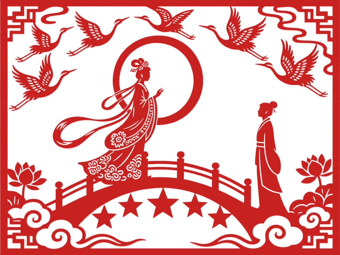 A moon goddess attendant, crossing a bridge of stars toward a waiting lover, as a flock of cranes circles overhead in reverence.