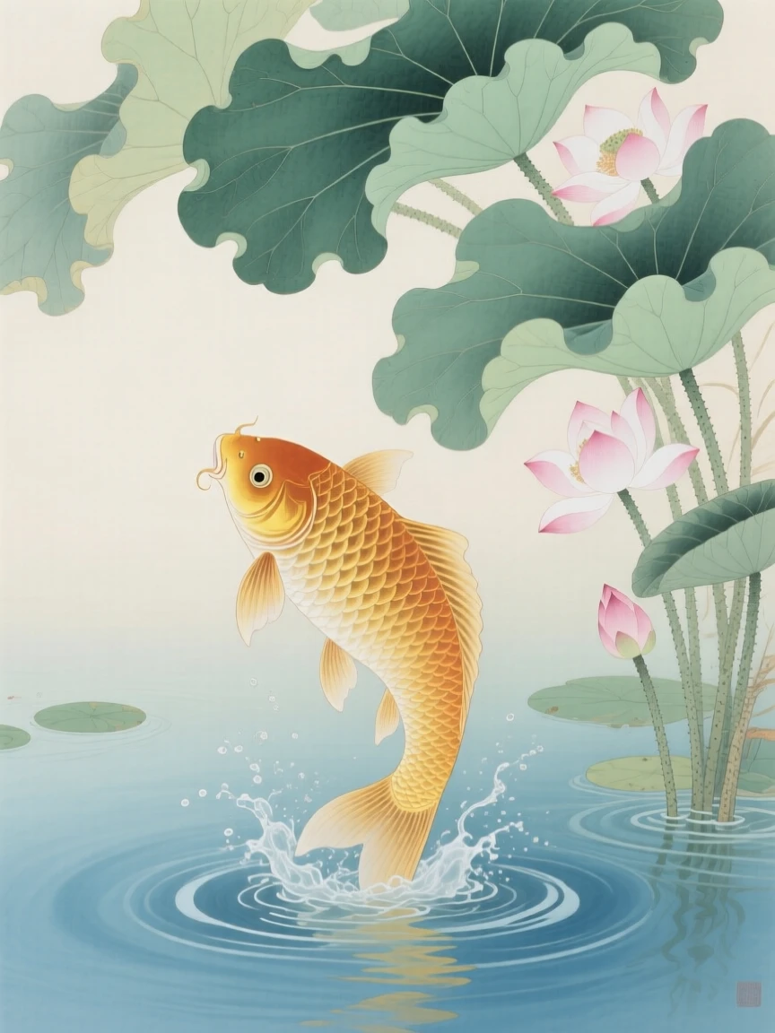 A single golden carp leaping from the water beneath a canopy of floating lotus leaves