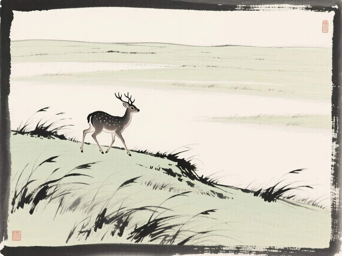 A deer wandering along a windswept ridge across an open grassy plain, framed low to the ground for an intimate, close perspective, evoking the gentle rhythm of the natural world.