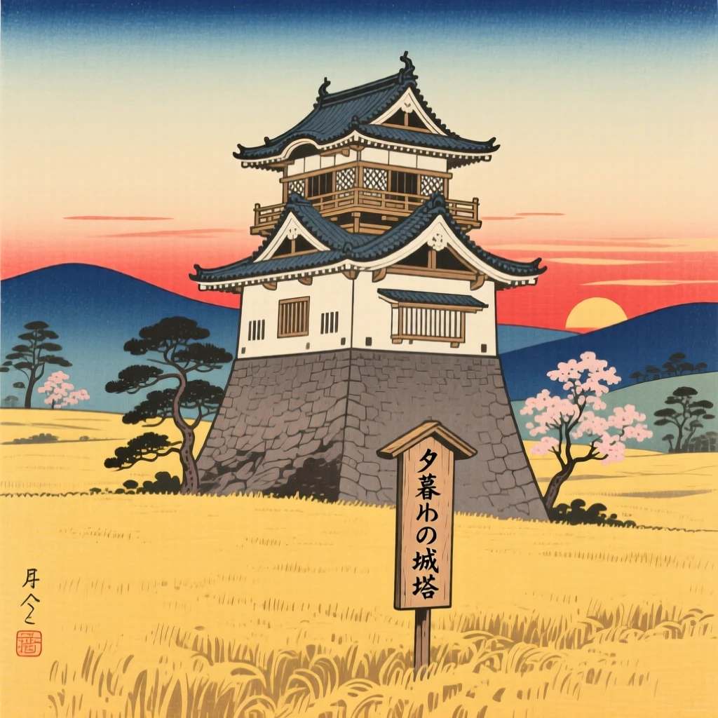 A castle tower standing alone in a golden evening field.
