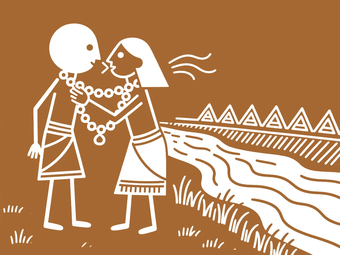A couple exchanging garlands whispering to each other beside a flowing river.