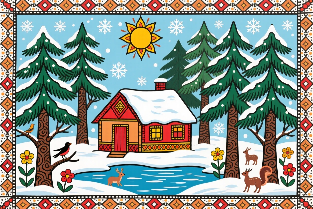 A quiet lakeside cabin surrounded by tall pines in early snow.