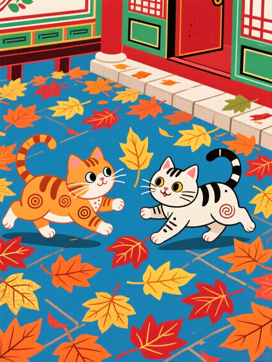 A pair of playful kittens playing together in a courtyard full of fallen leaves.
