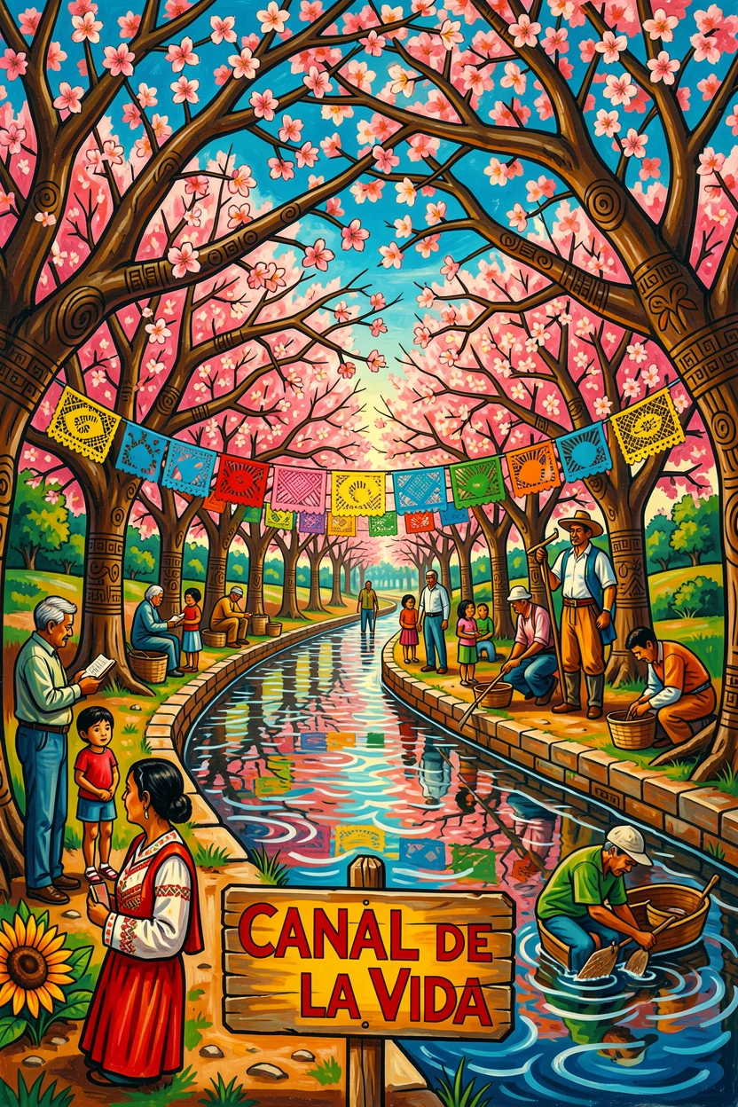 Blossoming trees lining a quiet spring canal