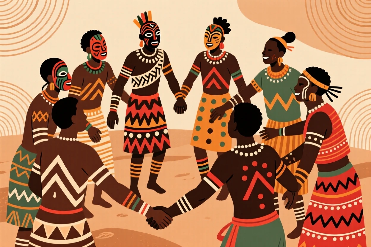 Villagers joining hands in a circle during a celebration.