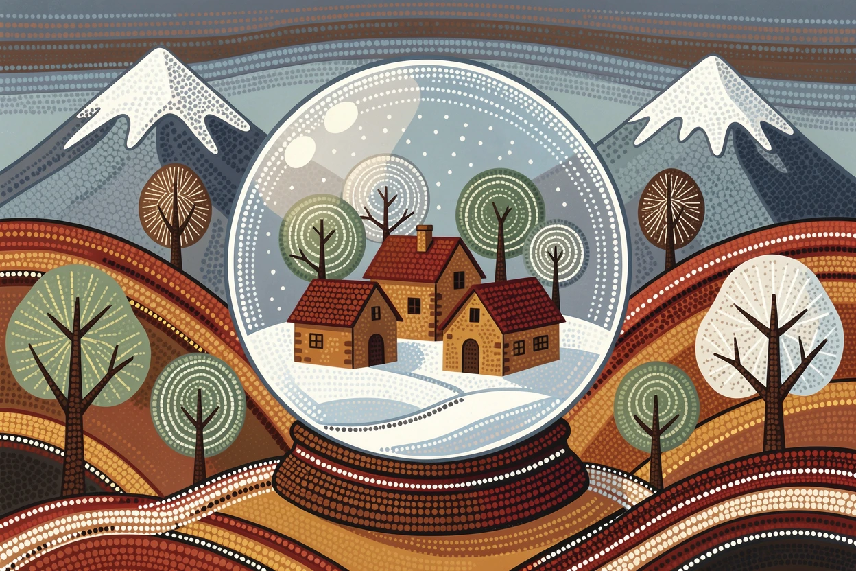 A snow globe village nestled in winter mountains over rolling hills