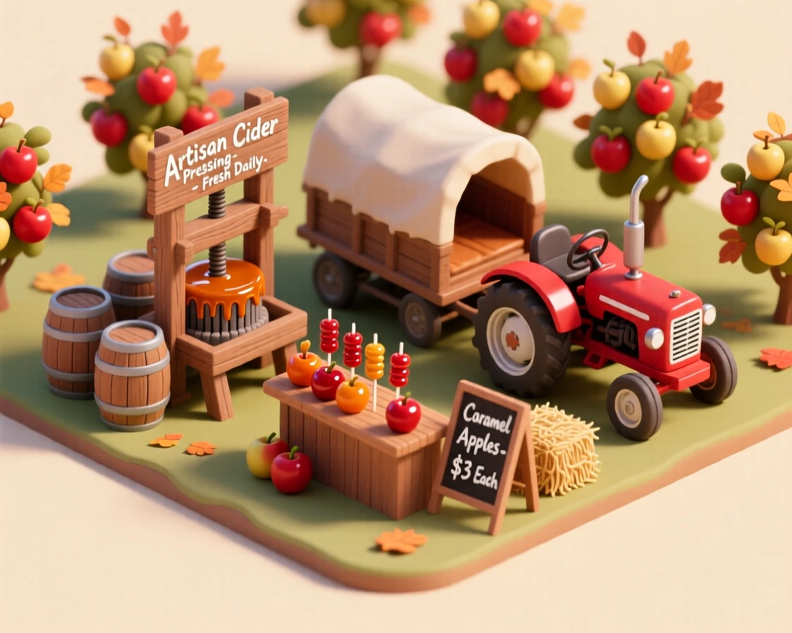 An autumn apple festival with cider pressing demonstrations, caramel apples on sticks, and hay wagon rides through an orchard.