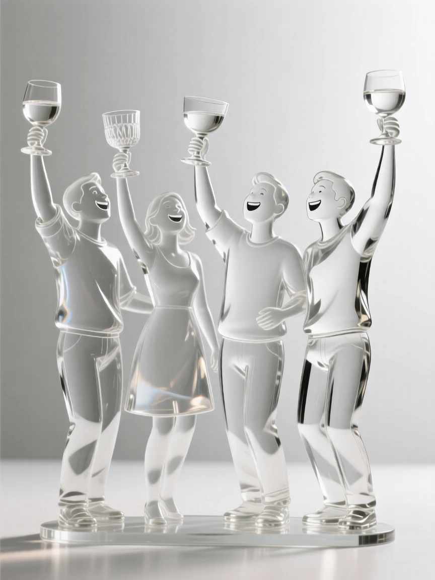 As gentle laughter fills the air around them, a group of friends toasting together at a celebration