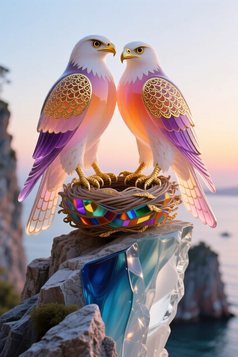 A pair of hawks nesting together atop a rugged cliff at dawn, wild and tender.