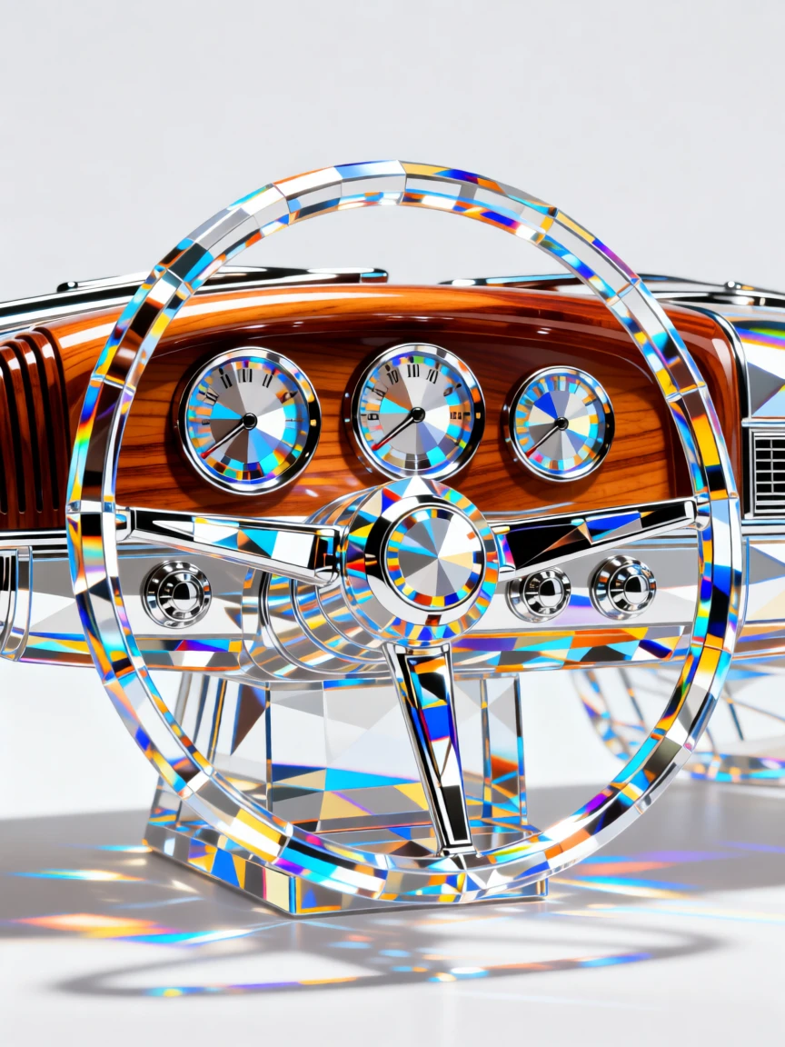 A vintage car's dashboard detail with polished wood and chrome gauges.