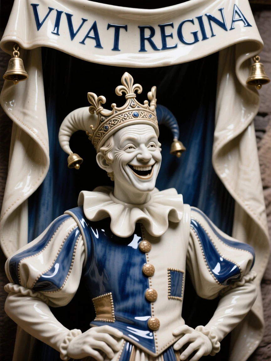 A court jester mid-jest with a mischievous grin posed regally beneath draping banners, crowned with symbolic ornamentation, capturing the weight of history in a single gaze.