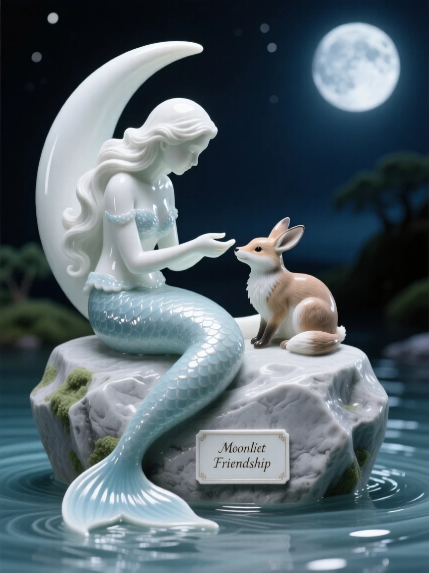 A storybook depiction of a mermaid on a moonlit rock sharing an unlikely moment of friendship, evoking the magic of a bedtime tale.
