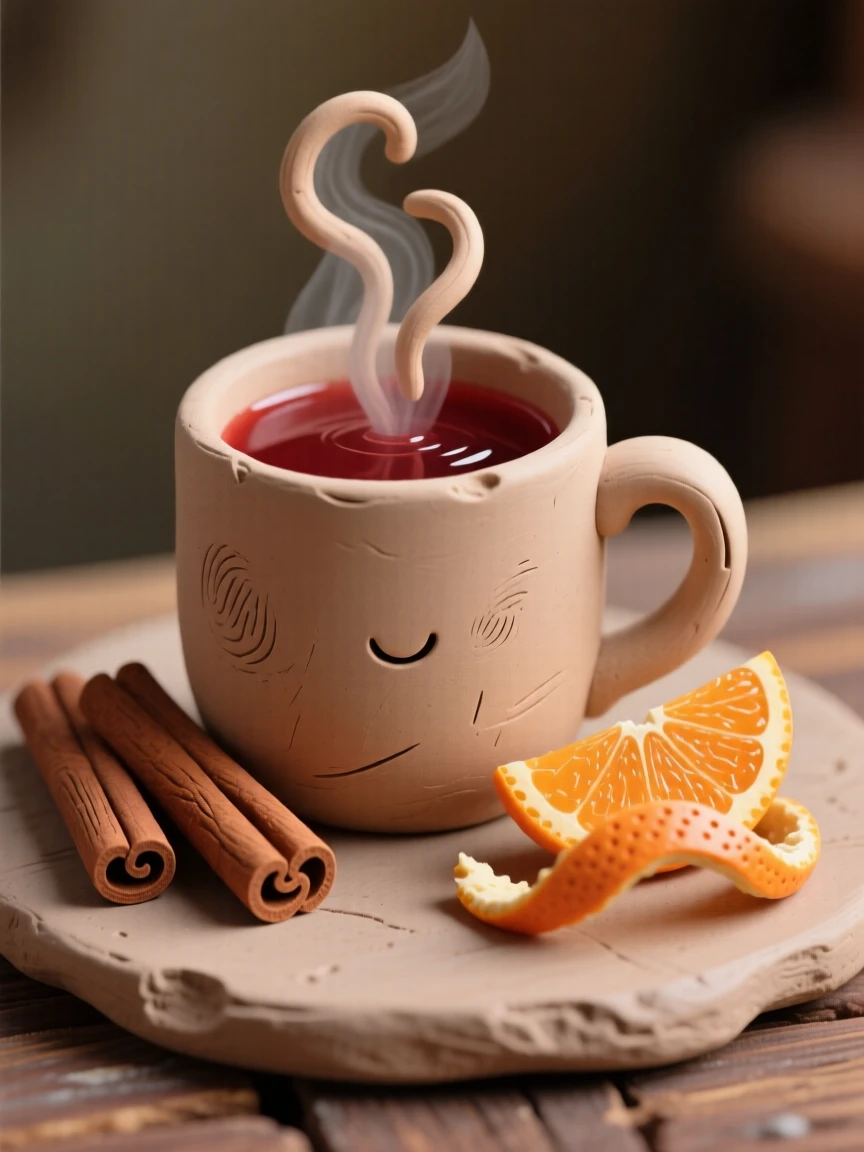 A steaming cup of mulled wine beside cinnamon sticks and orange peel