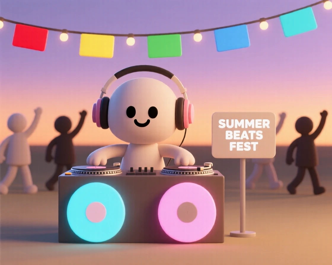 A focused DJ spins glowing turntables at a lively outdoor summer festival, crowd dancing beneath colorful lights.