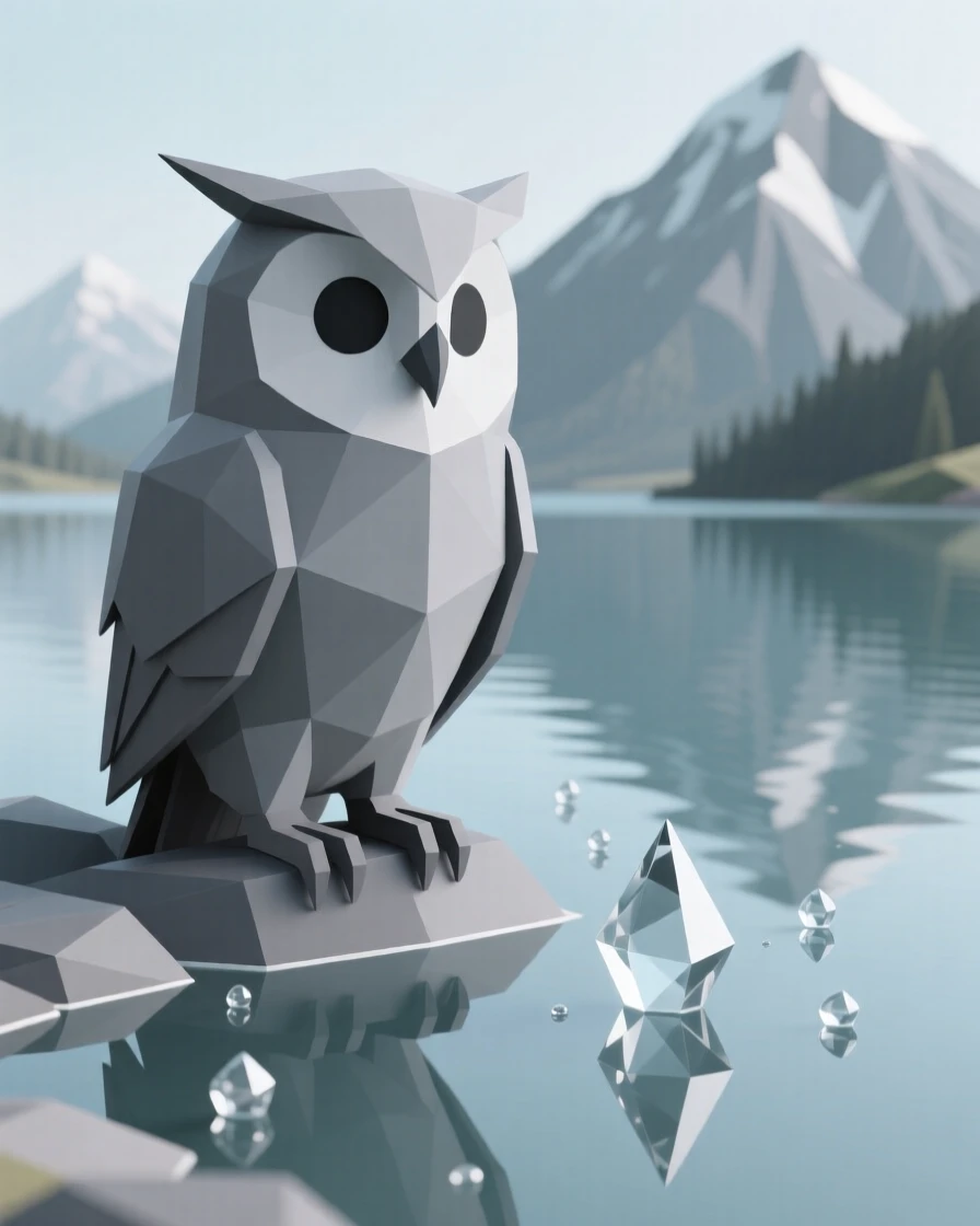 A gray owl with piercing golden eyes, beside a crystal-clear mountain lake. water droplets and fine textures catch the light. There is a sense of quiet wonder.