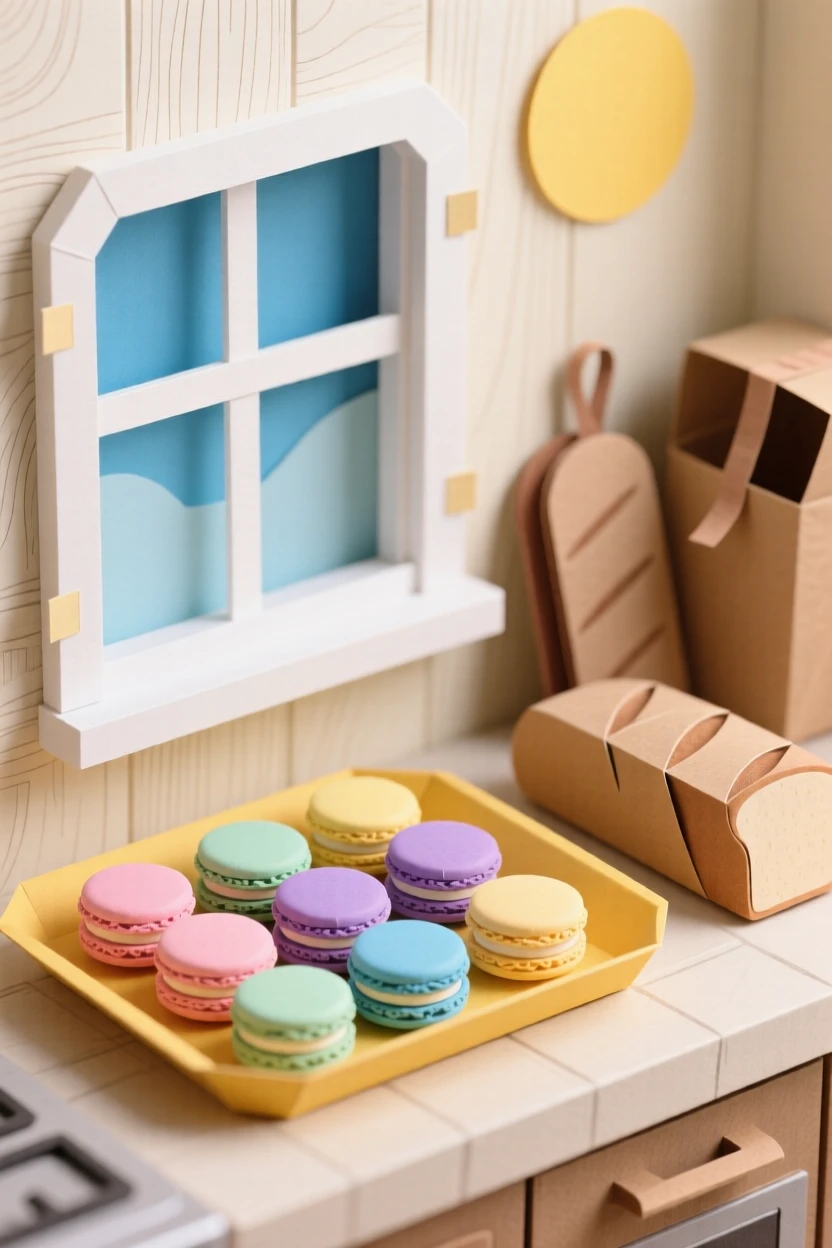 A tray of colorful macarons arranged beside a sunlit window, with warm bread resting alongside, capturing the artistry of fine cuisine.