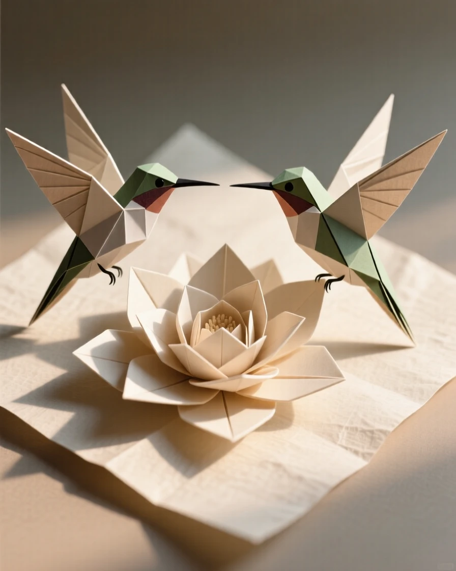 A decorative hummingbird pair facing each other beside a blooming flower.