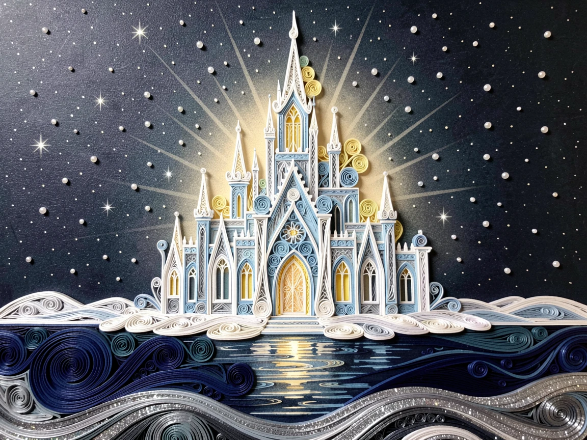 a snow queen's ice palace shimmering under starlight, on the shore of a starlit magical lake, centered with radiant light emanating outward, with tiny sparkling motes of light drifting through the air.