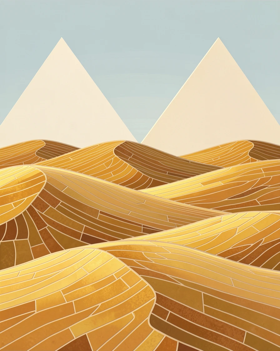 A sweeping sand dune landscape sculpted into smooth golden waves.
