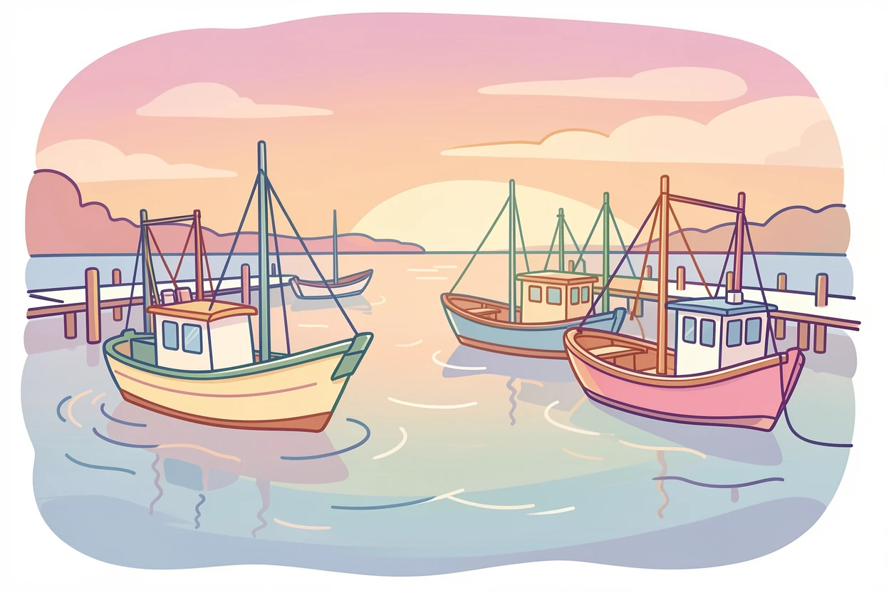 A quiet harbor at dusk with fishing boats bobbing gently at anchor.