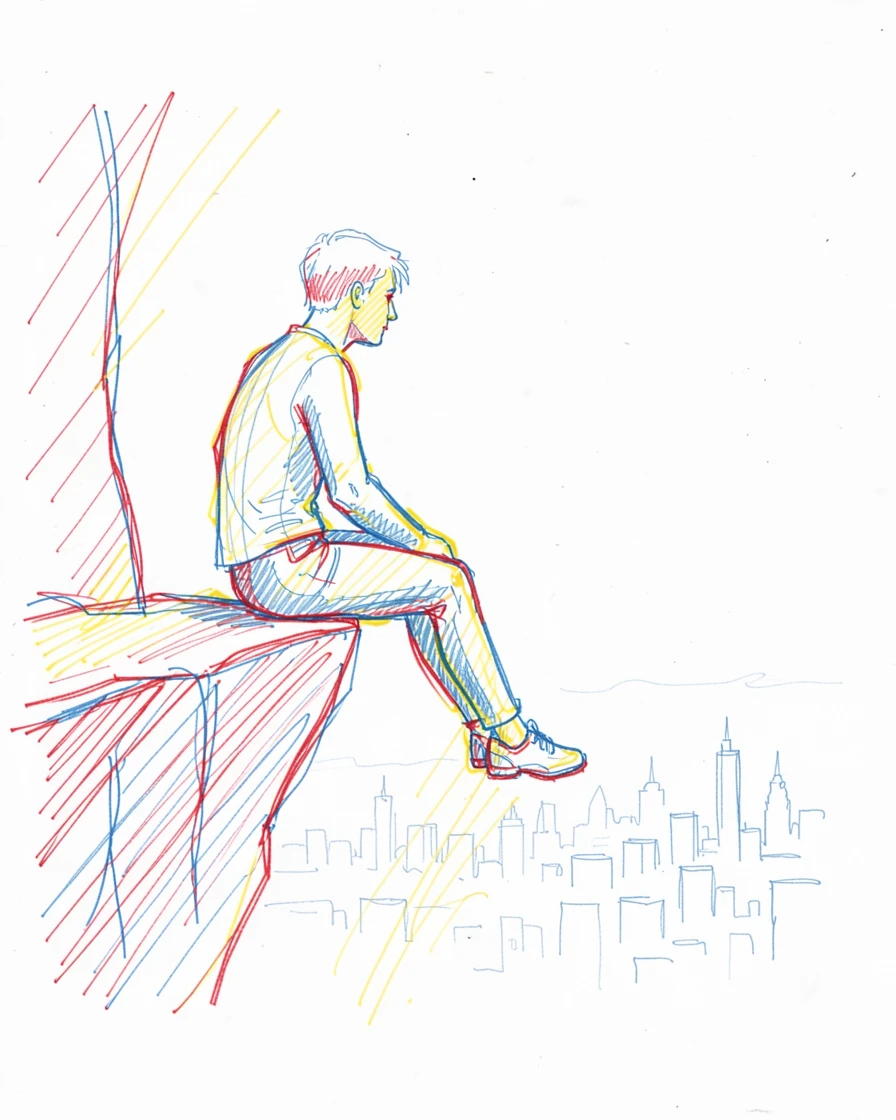 A rock climber resting on a ledge, city skyline visible far below