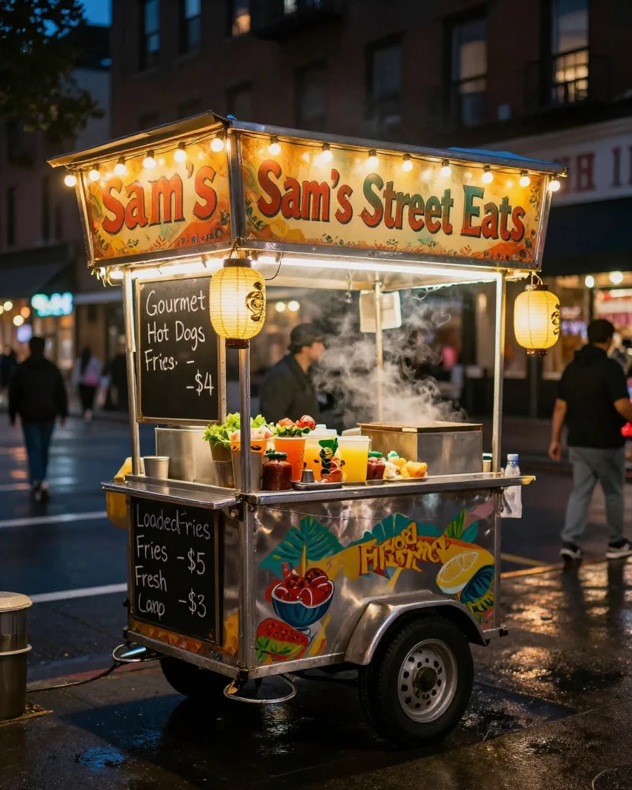 A street food cart glowing with warm lights at night